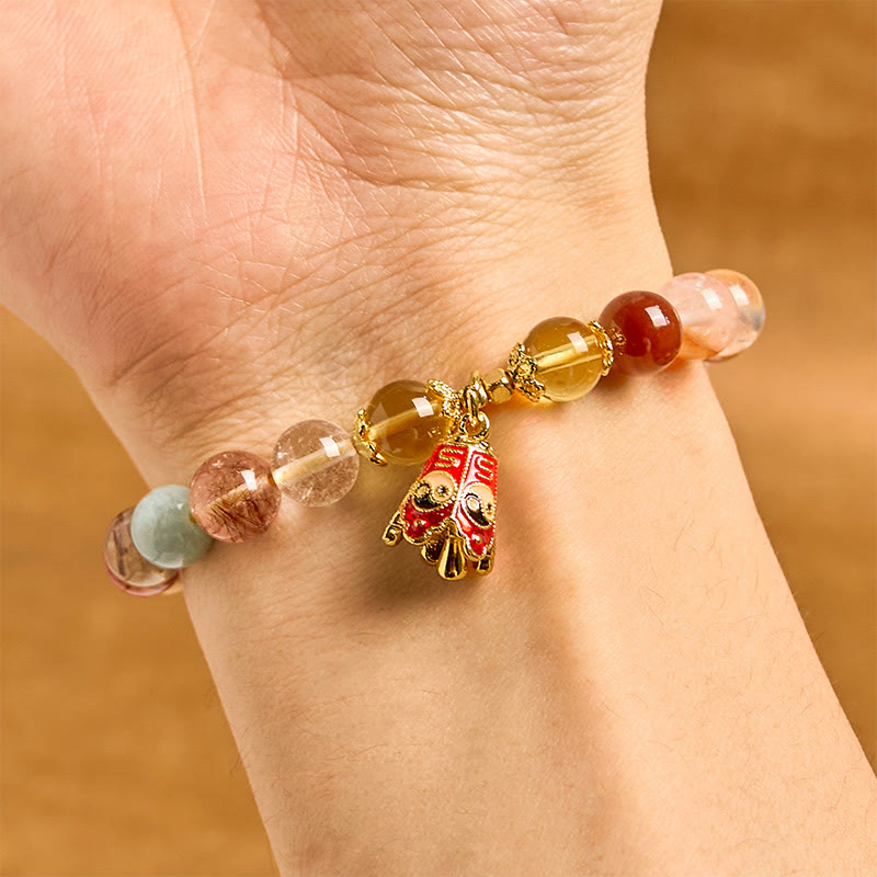 Natural Rutilated Quartz Yin Yang Bracelet - Natural Stone Beaded Bracelet Worn on Wrist, Lucky Red Envelope Charm