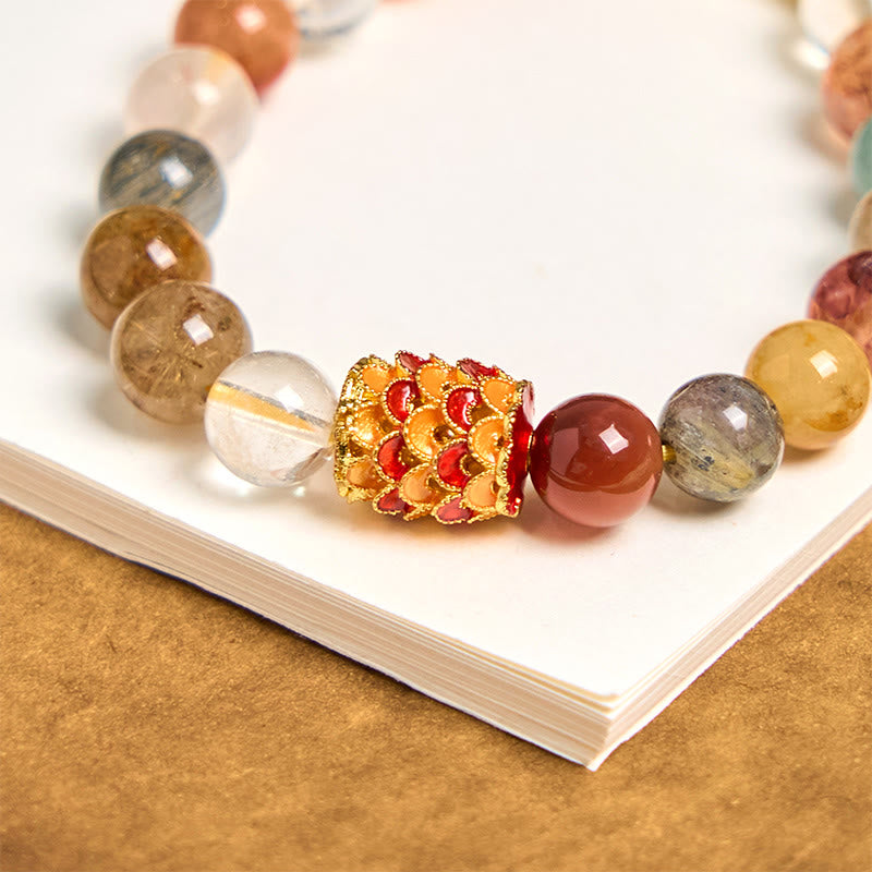 Natural Rutilated Quartz Yin Yang Bracelet - Citrine Bracelet with Gold Enamel Flower Charm, Healing Crystal Bracelet
