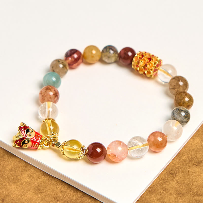 Natural Rutilated Quartz Yin Yang Bracelet - Colorful Gemstone Bracelet with Red Enamel Good Luck Charms, Beaded Jewelry