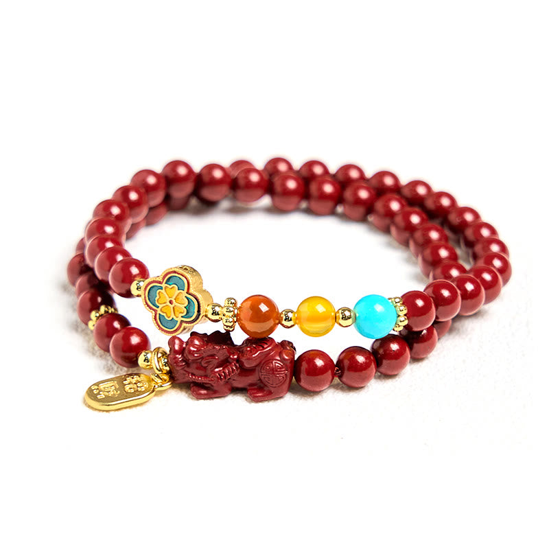 Cinnabar Pixiu Fu Bracelet – clean white background product shot of double wrap red cinnabar beads with Pixiu charm and Fu tag, wealth