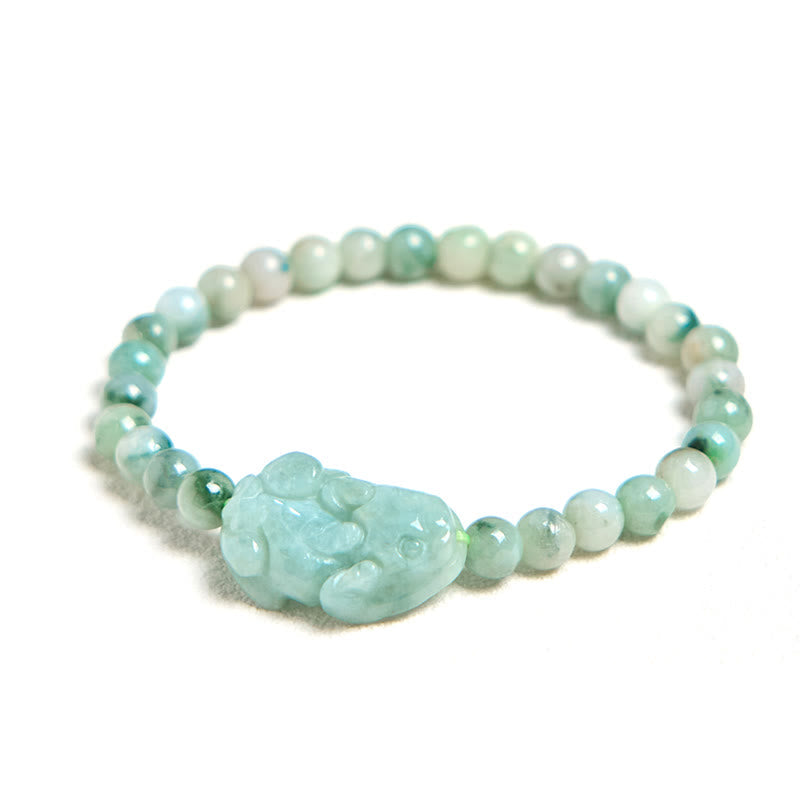 Natural Green Jade Pixiu Carved Luck Bead Bracelet – full bracelet on pure white background showcasing jade color variations, natural stone