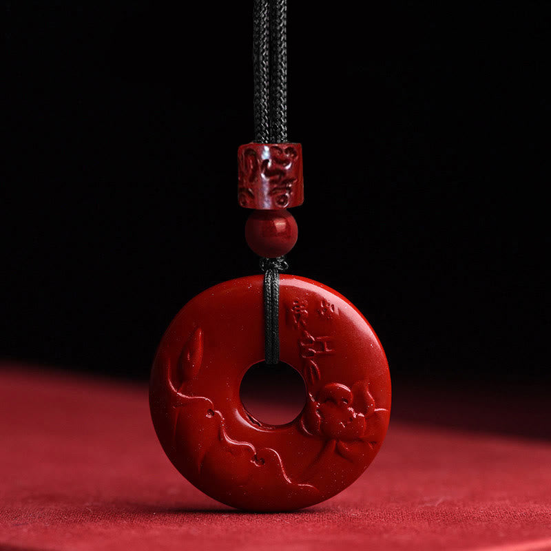 Cinnabar Lotus Peace Buckle Necklace - lotus carving and Chinese characters on red disc, Cultural