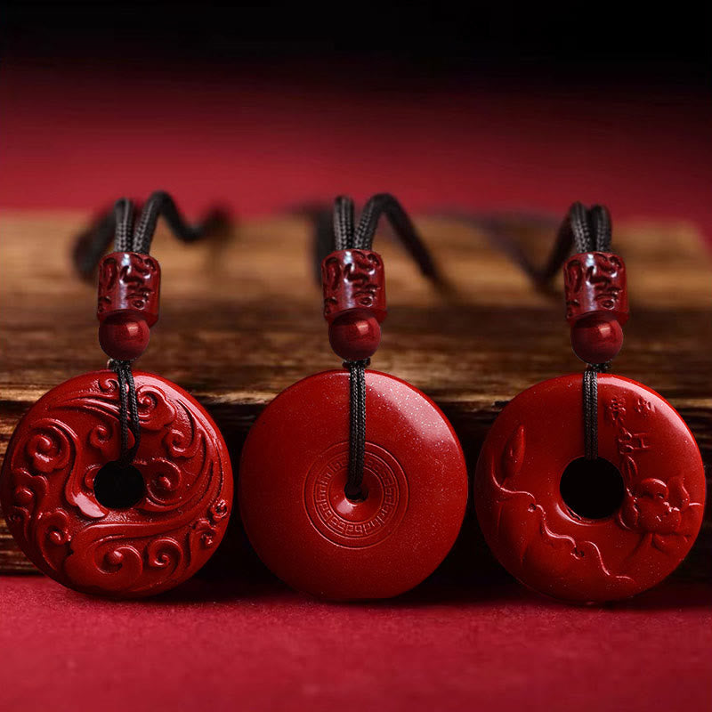 Cinnabar Lotus Peace Buckle Necklace - three pendant design variations showing carved motifs, Artisanal