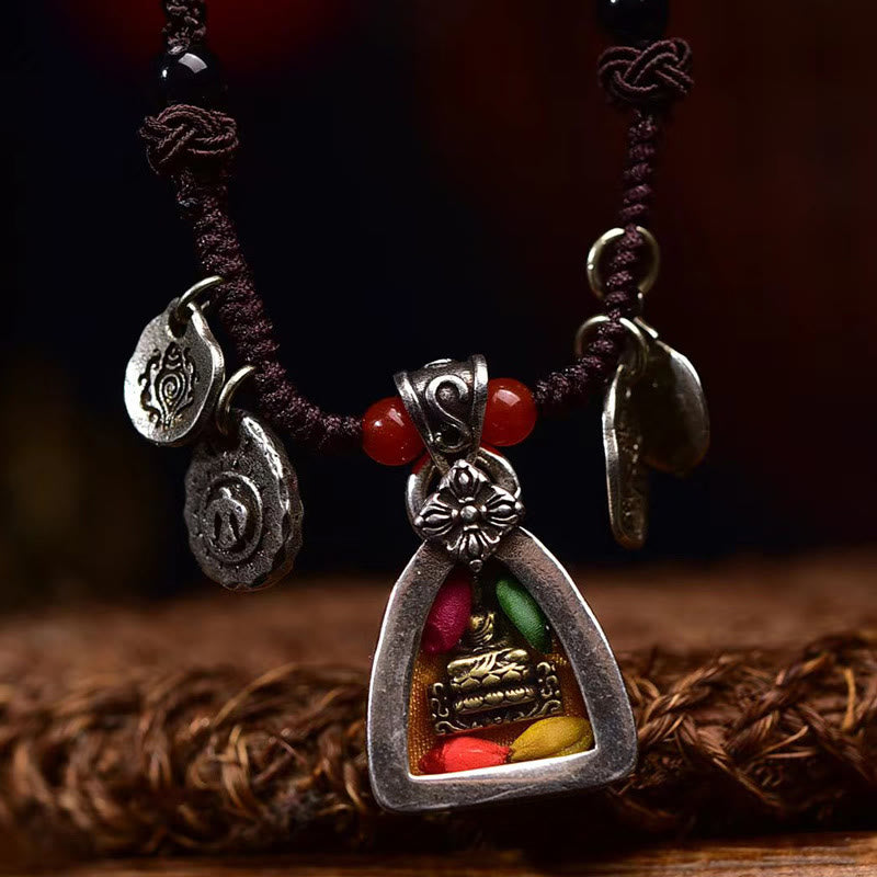 Medicine Buddha Braided Necklace – worn on chest close-up, spiritual healing accessory