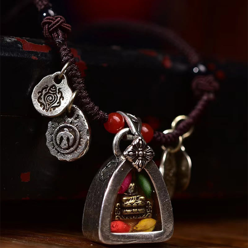 Medicine Buddha Braided Necklace – pendant back metal plate, engraved mantra script