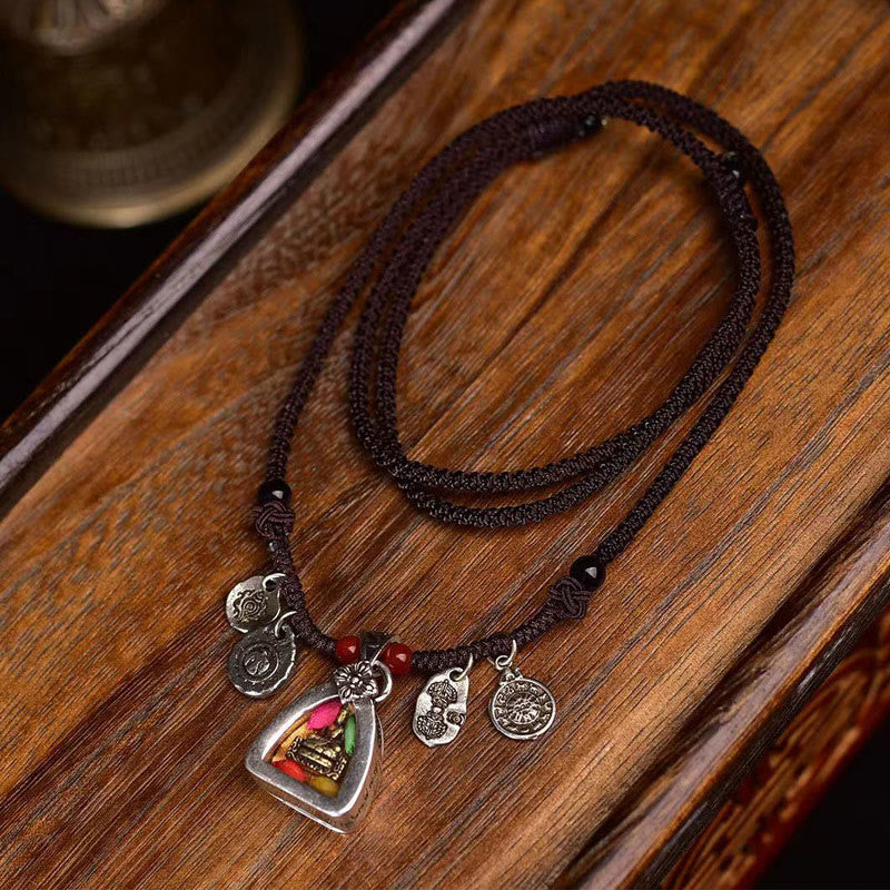 Medicine Buddha Braided Necklace – front pendant on rope cord, Tibetan healing jewelry