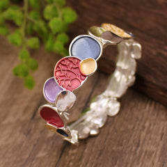 Tree of Life Alloy Elastic Bracelet – multicolor enamel discs on rustic wood, red medallion, boho jewelry