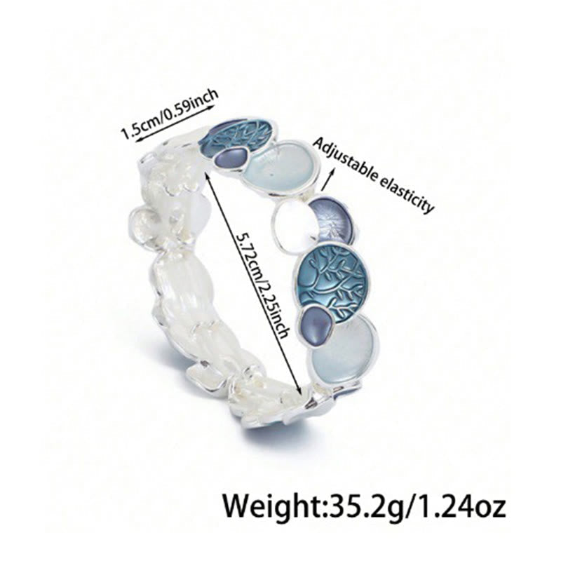 Tree of Life Alloy Elastic Bracelet – teal bracelet with size specs on white, 1.5cm width 35.2g weight