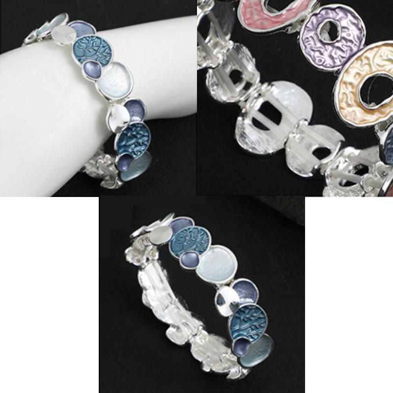 Tree of Life Alloy Elastic Bracelet – three-panel composite on black, mannequin wrist clasp and profile