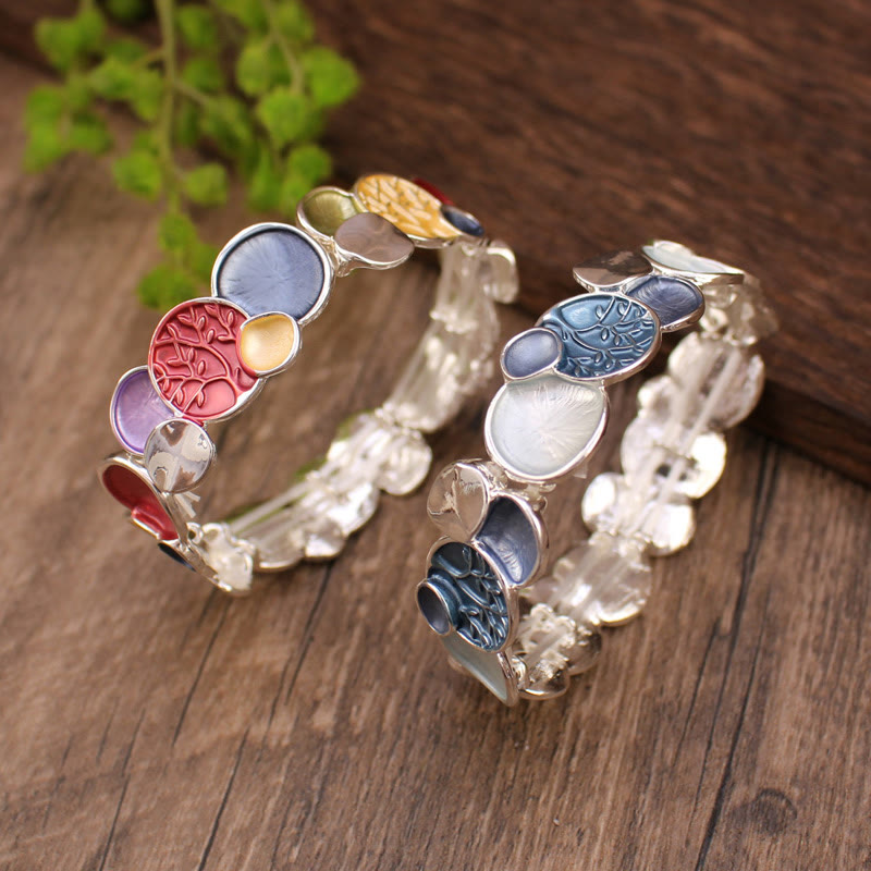 Tree of Life Alloy Elastic Bracelet – red and teal variants on rustic wood, overlapping comparison view