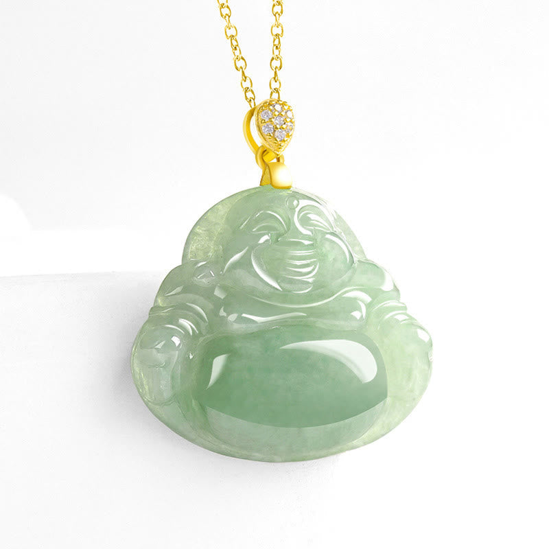 Jade Laughing Buddha Necklace – natural jade grain pattern, translucent green stone