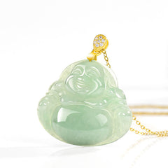 Jade Laughing Buddha Necklace – Laughing Buddha carved belly, jade sculpture detail