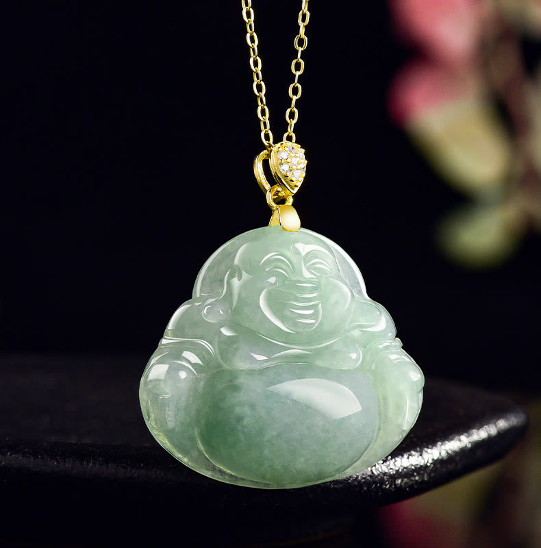 Jade Laughing Buddha Necklace – model wearing green jade, elegant neck close-up
