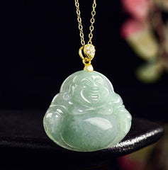 Jade Laughing Buddha Necklace – model wearing green jade, elegant neck close-up