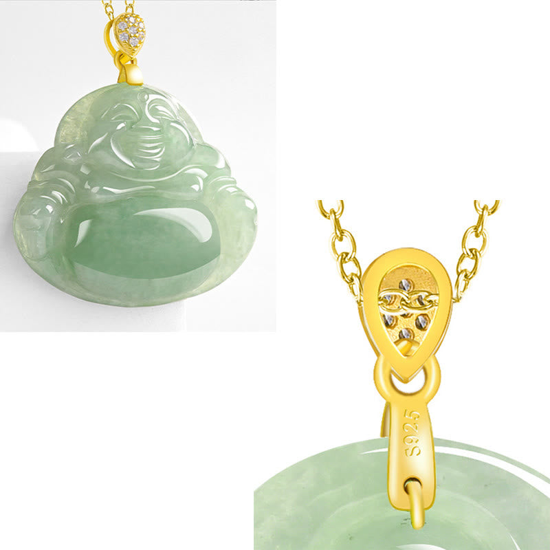 Jade Laughing Buddha Necklace – jade color gradient close-up, imperial green to white