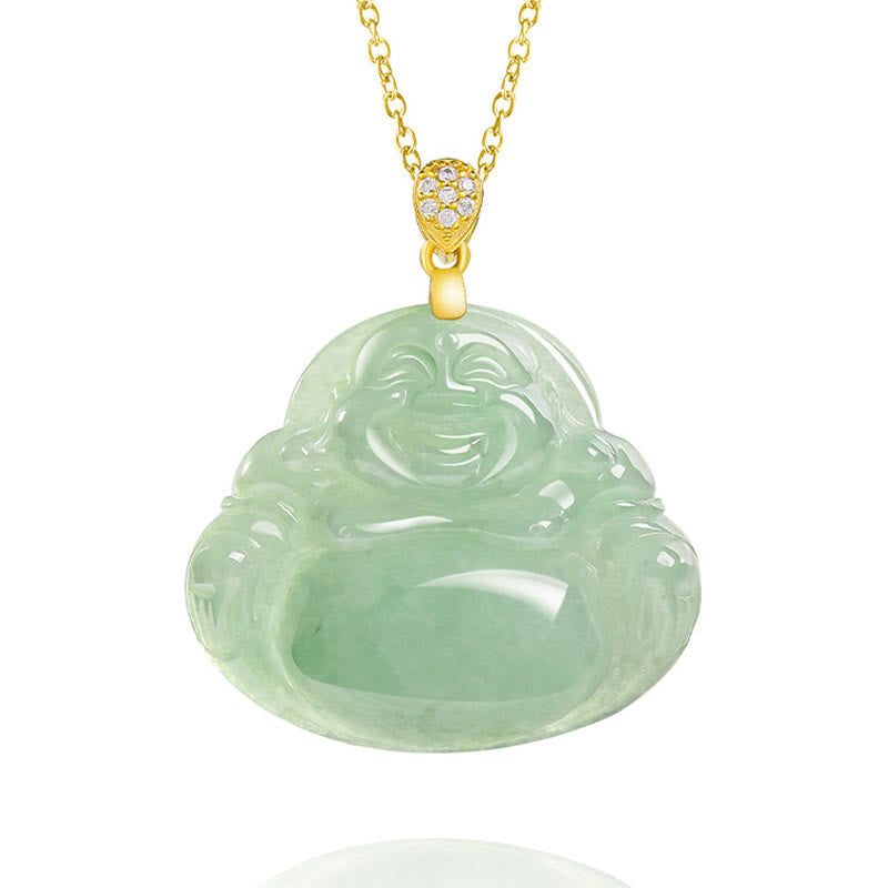 Jade Laughing Buddha Necklace – flat lay with bamboo mat, zen green tea styling