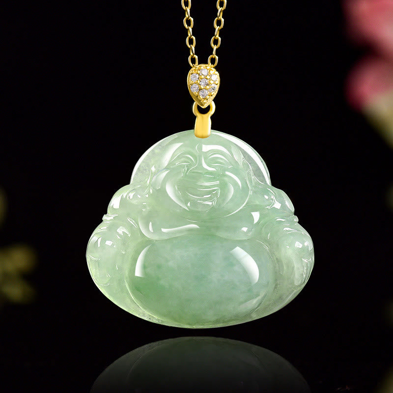 Jade Laughing Buddha Necklace – front jade pendant on titanium chain, prosperity jewelry