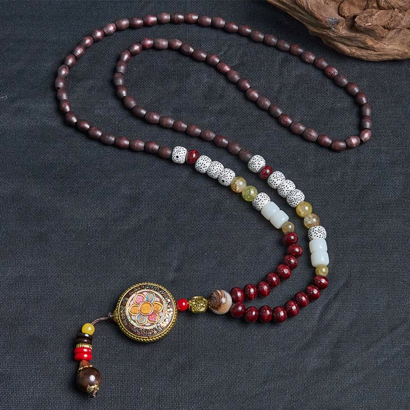 Tibetan Om Mani Padme Hum Necklace – Bodhisattva cloisonné pendant detail, alternating red and white prayer beads