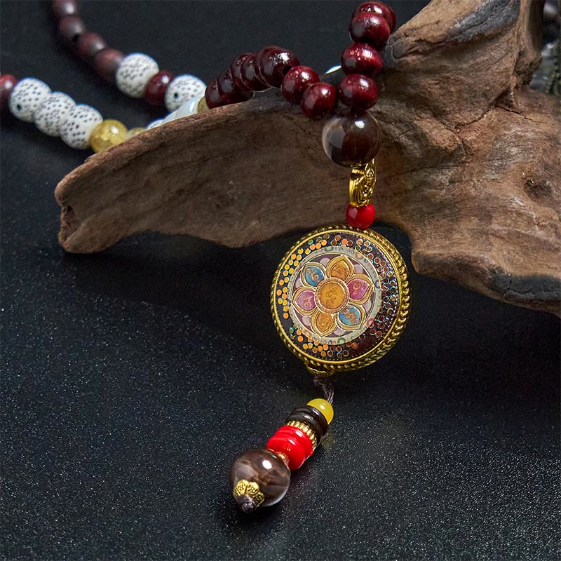 Tibetan Om Mani Padme Hum Necklace – Driftwood display, lotus mandala pendant, wood and jade bead mala design