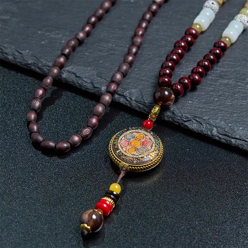 Tibetan Om Mani Padme Hum Necklace – Slate stone backdrop, thangka mandala pendant with beaded tassel drop