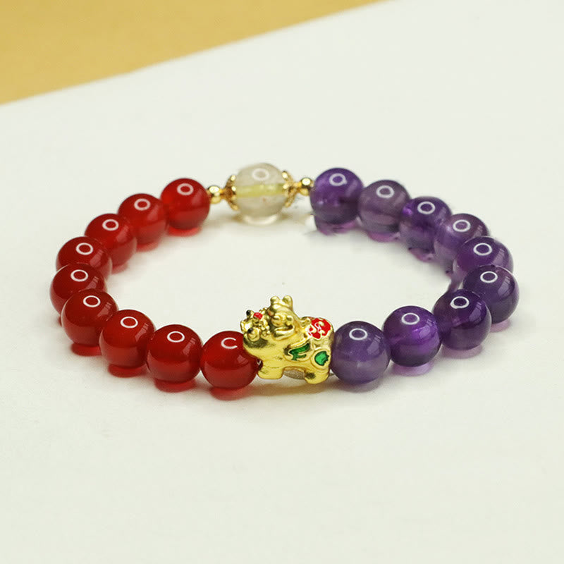 Natural Amethyst Red Agate PiXiu Balance Bracelet – front view white background, red agate purple amethyst beads, gold PiXiu