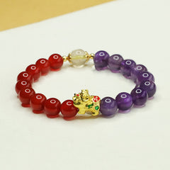 Natural Amethyst Red Agate PiXiu Balance Bracelet – front view white background, red agate purple amethyst beads, gold PiXiu