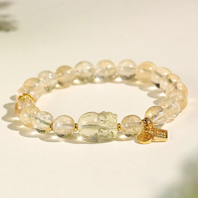 Natural Citrine PiXiu Copper Coin Wealth Bracelet – front view white background, clear citrine beads, gold coin charm wealth