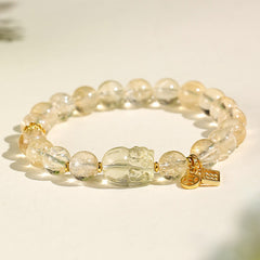 Natural Citrine PiXiu Copper Coin Wealth Bracelet – front view white background, clear citrine beads, gold coin charm wealth
