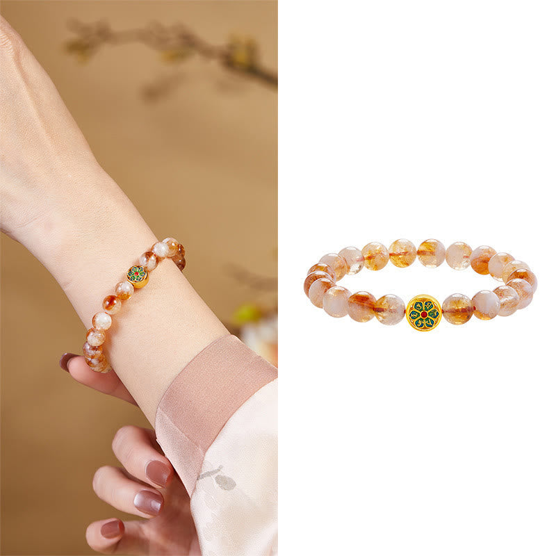 Sterling Silver Citrine Bracelet – split lifestyle and product view, amber citrine beads with green red enamel, stretch br...