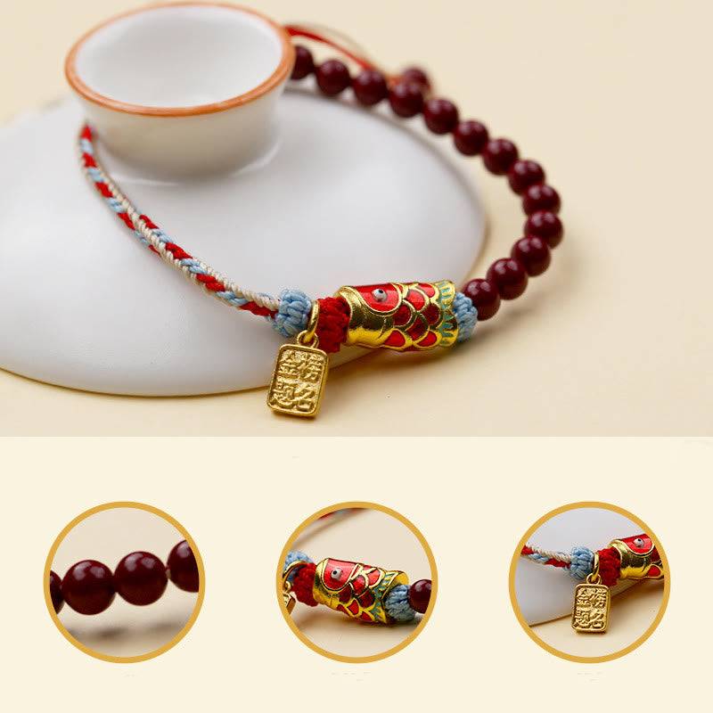 Cinnabar Koi Fish Blessing Bracelet – composite view with detail insets, on ceramic stand, koi charm, success tag, cream bg