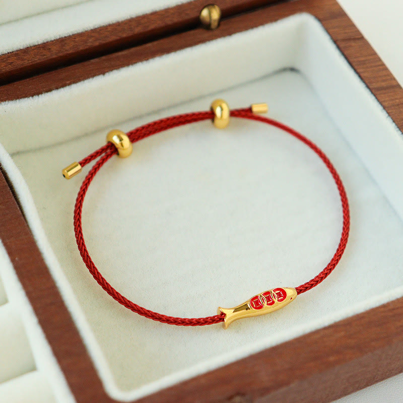 Brass Koi Fish Red String Bracelet – gold fish charm in velvet wooden jewelry box, braided red cord, adjustable luck jewelry