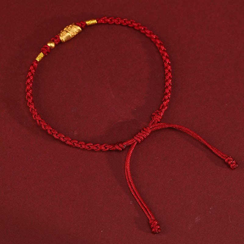 999 Gold Koi Fish Red String Bracelet – gold koi charm, two gold beads, top-down full loop, adjustable