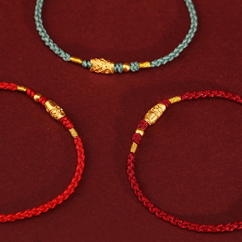 999 Gold Koi Fish Red String Bracelet – three color variants flat lay, gold koi and beads, burgundy bg
