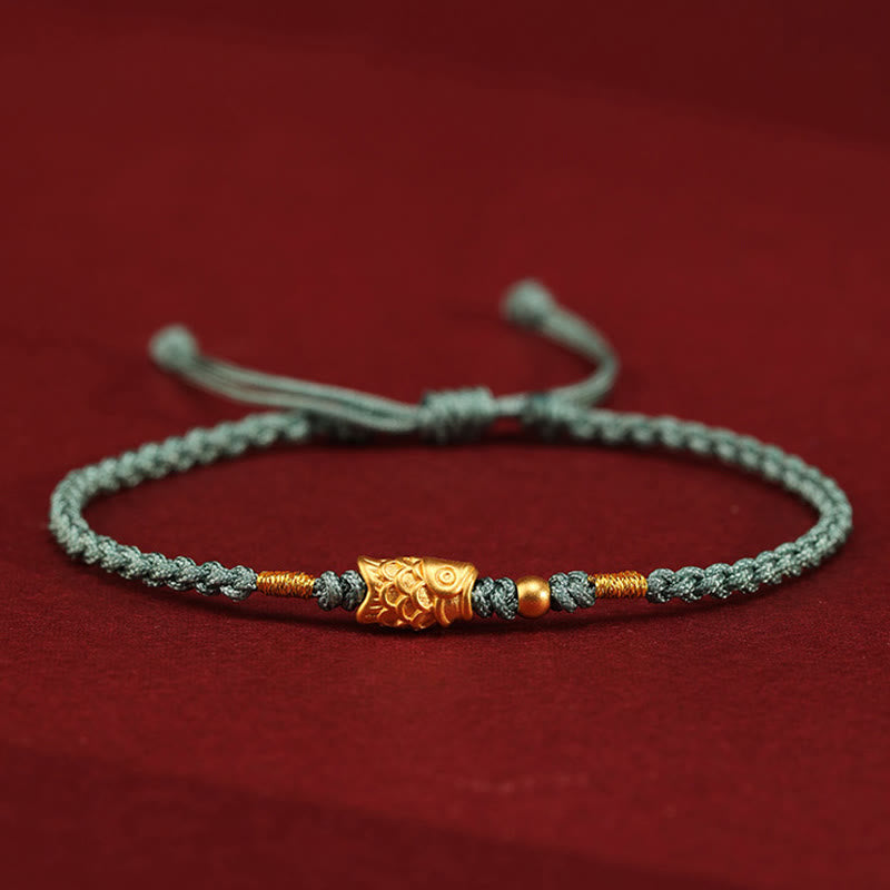999 Gold Koi Fish Red String Bracelet – sage green cord variant with gold koi charm, side view, luck