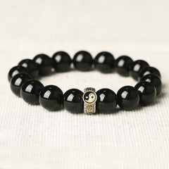 Black Obsidian Nine-Character Mantra Yin Yang Bracelet - gold yin-yang charm on black beads, spiritual jewelry