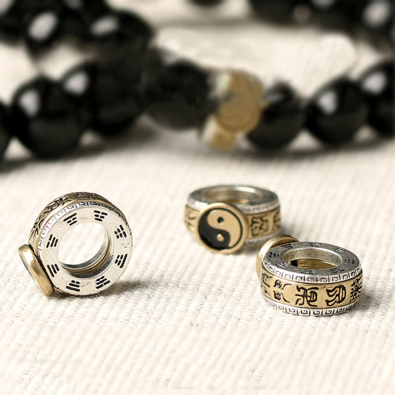 Black Obsidian Nine-Character Mantra Yin Yang Bracelet - yin-yang and Bagua charm detail, metal spacer beads