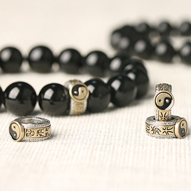 Black Obsidian Nine-Character Mantra Yin Yang Bracelet - yin-yang spacer beads detail, two-tone metal finish