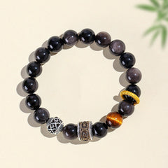 Silver Sheen Obsidian Tiger Eye Bracelet – overhead view revealing full bead arrangement, silver sheen chatoyancy on black stones, healing crystal jewelry