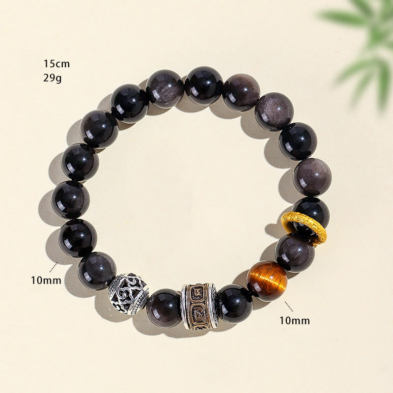 Silver Sheen Obsidian Tiger Eye Bracelet – flat-lay with measurement annotations showing 10mm beads and 15cm length, men's beaded stretch bracelet