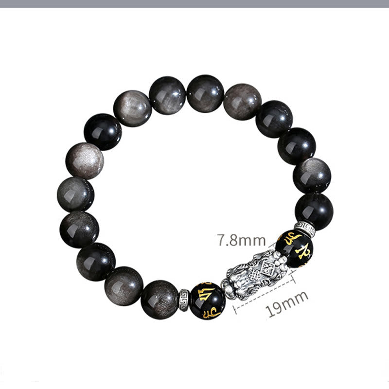 999 Sterling Silver Black Obsidian PiXiu Strength Bracelet – size chart white background, 7.8mm beads 19mm PiXiu dimensions