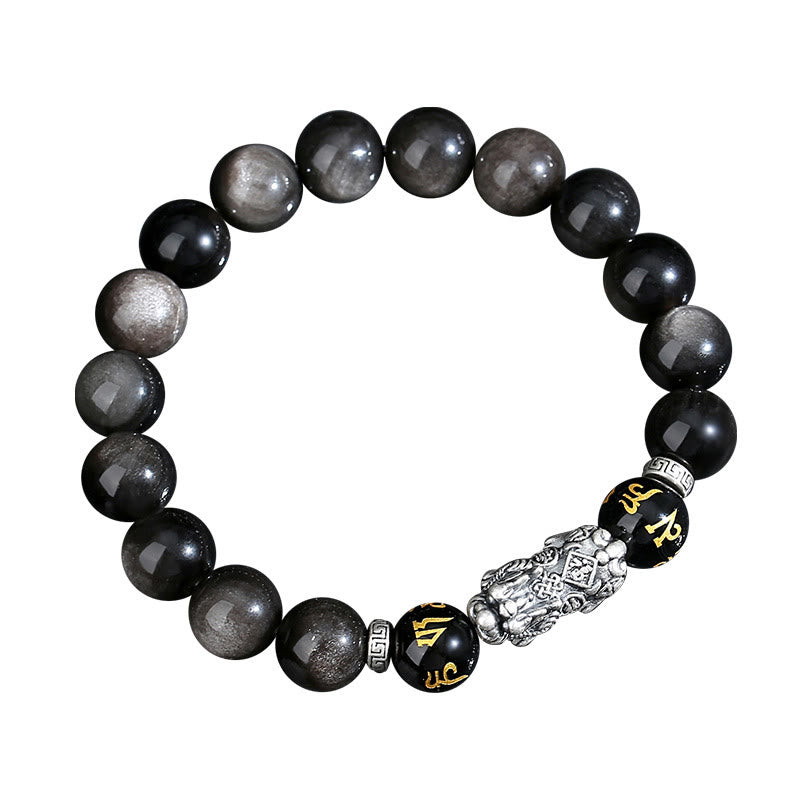 999 Sterling Silver Black Obsidian PiXiu Strength Bracelet – clean white background shot, silver PiXiu obsidian bead bracelet