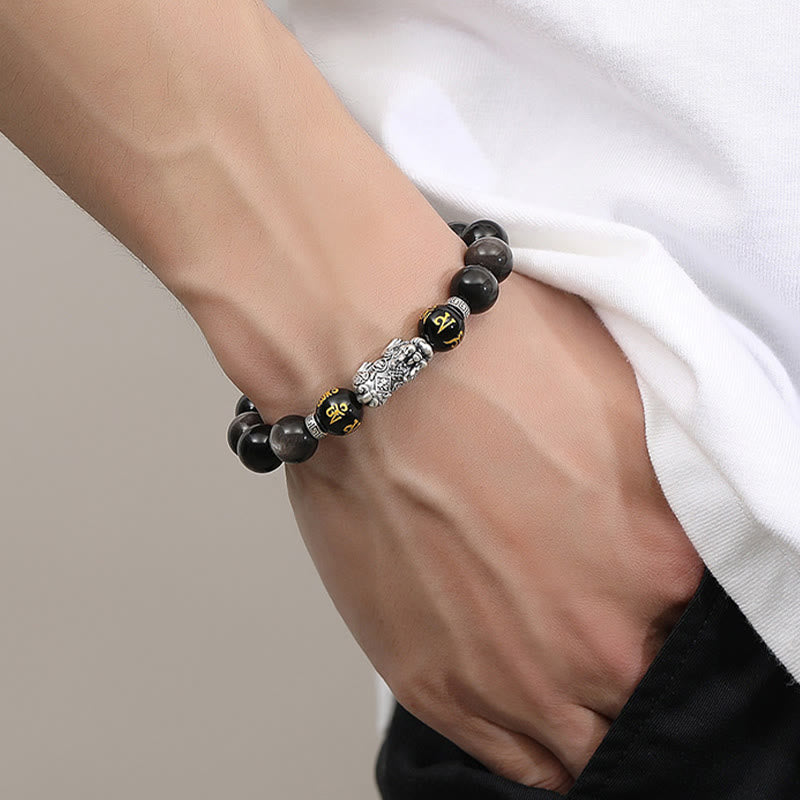999 Sterling Silver Black Obsidian PiXiu Strength Bracelet – male wrist lifestyle white shirt, mens feng shui wealth gift