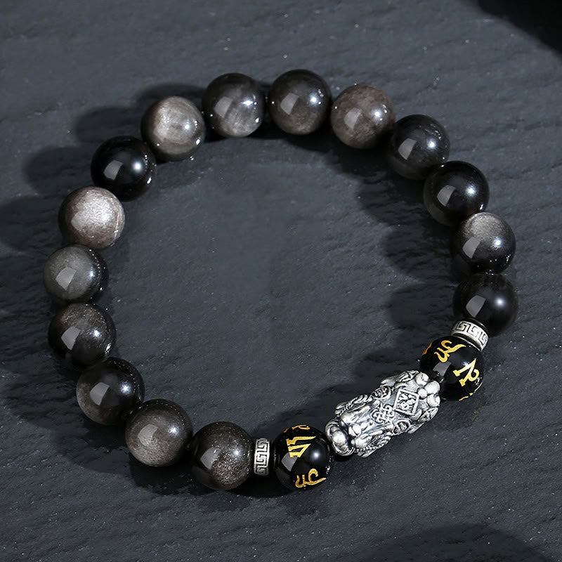999 Sterling Silver Black Obsidian PiXiu Strength Bracelet – top-down slate circle, sheen obsidian beads, strength bracelet