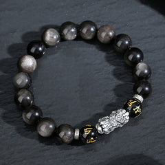 999 Sterling Silver Black Obsidian PiXiu Strength Bracelet – top-down slate circle, sheen obsidian beads, strength bracelet