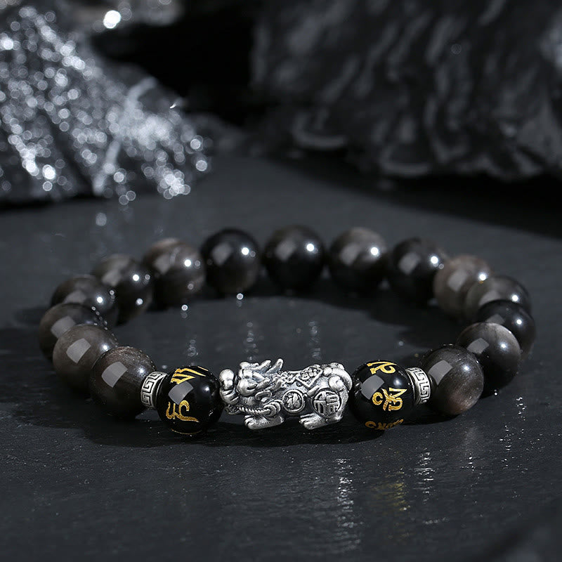 999 Sterling Silver Black Obsidian PiXiu Strength Bracelet – front dark surface, silver PiXiu center, feng shui good luck