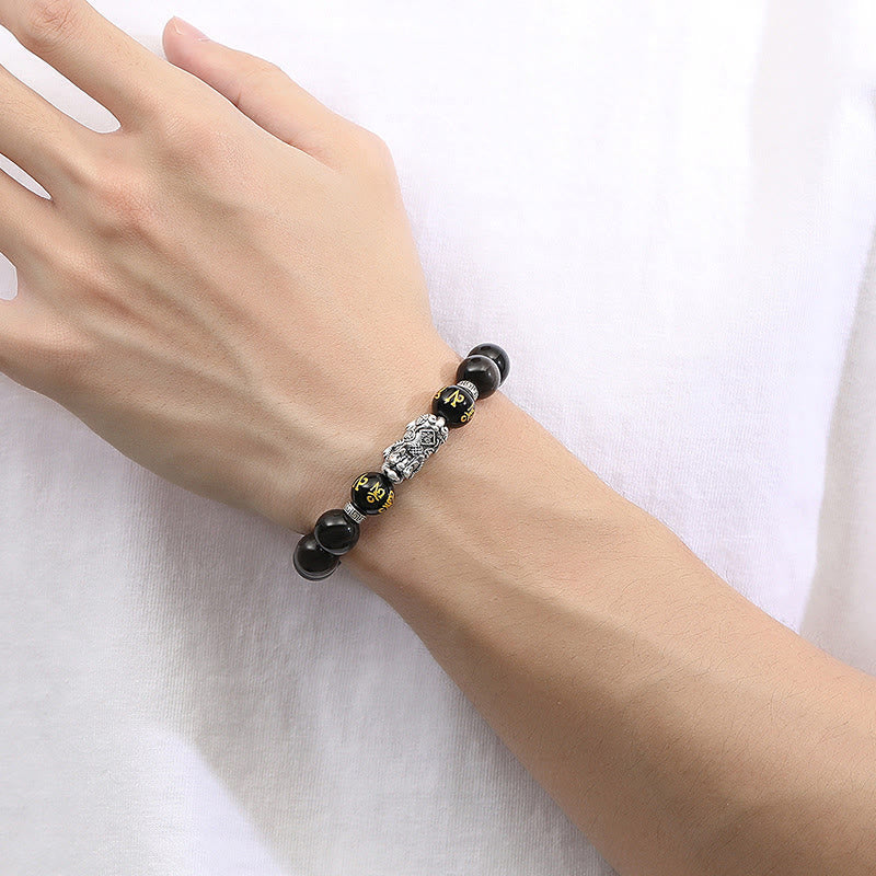 999 Sterling Silver Black Obsidian PiXiu Strength Bracelet – female wrist white top lifestyle, elegant obsidian jewelry gift