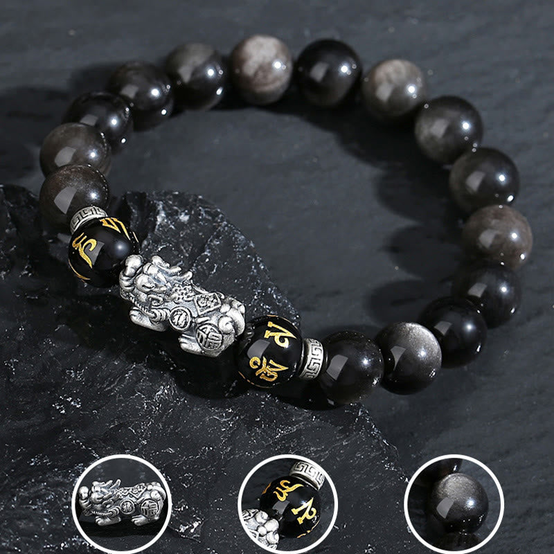 999 Sterling Silver Black Obsidian PiXiu Strength Bracelet – dark rock angle with detail circles, bead texture close-up