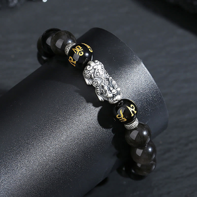 999 Sterling Silver Black Obsidian PiXiu Strength Bracelet – side close-up curved stand, carved PiXiu detail, protection gift