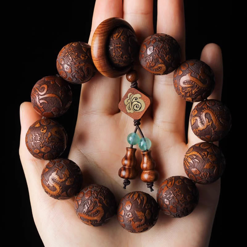 Rosewood Dragon Phoenix Gourd Bracelet – dragon carved beads overhead plank, Heritage