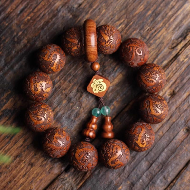 Rosewood Dragon Phoenix Gourd Bracelet – carved beads ceramic pot dark wood, Tradition